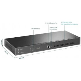 "JetStream™ 8-Port 10GE SFP+ L2+ Managed Switch PORT: 8× 10G SFP+ Slots, RJ45/Micro-USB Console Port SPEC: 1U 19-inch Rack-mount