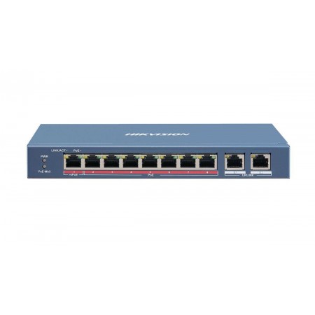 Switch 8 porturi PoE Hikvision DS-3E1310HP-EI prezinta 1 × 10/100 Mbps Hi-PoE port, 7 × 10/100 Mbps PoE ports, and 2 × 10/100/10